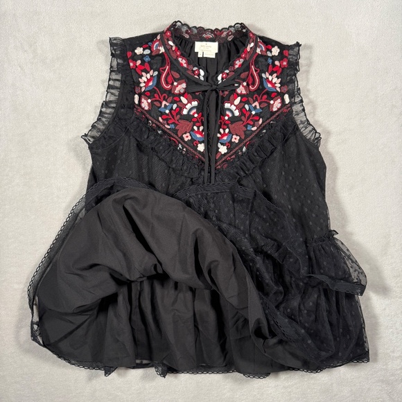 Kate Spade Blouse Womens Size Medium Black Camellia Embroidered Peplum Ruffle - Picture 5 of 13